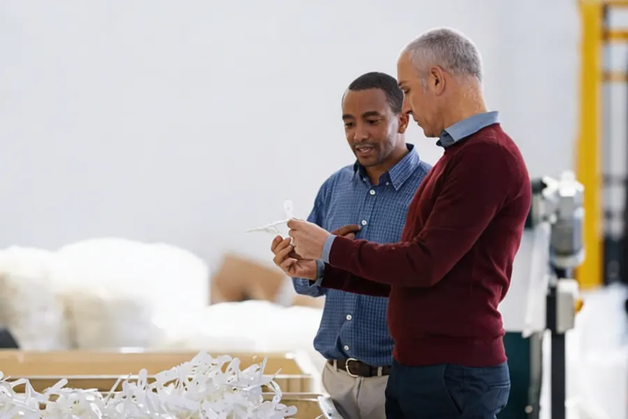 Overseas trader in a warehouse reviewing product samples with a Chinese supplier while holding a phone showing a Hong Kong bank transfer