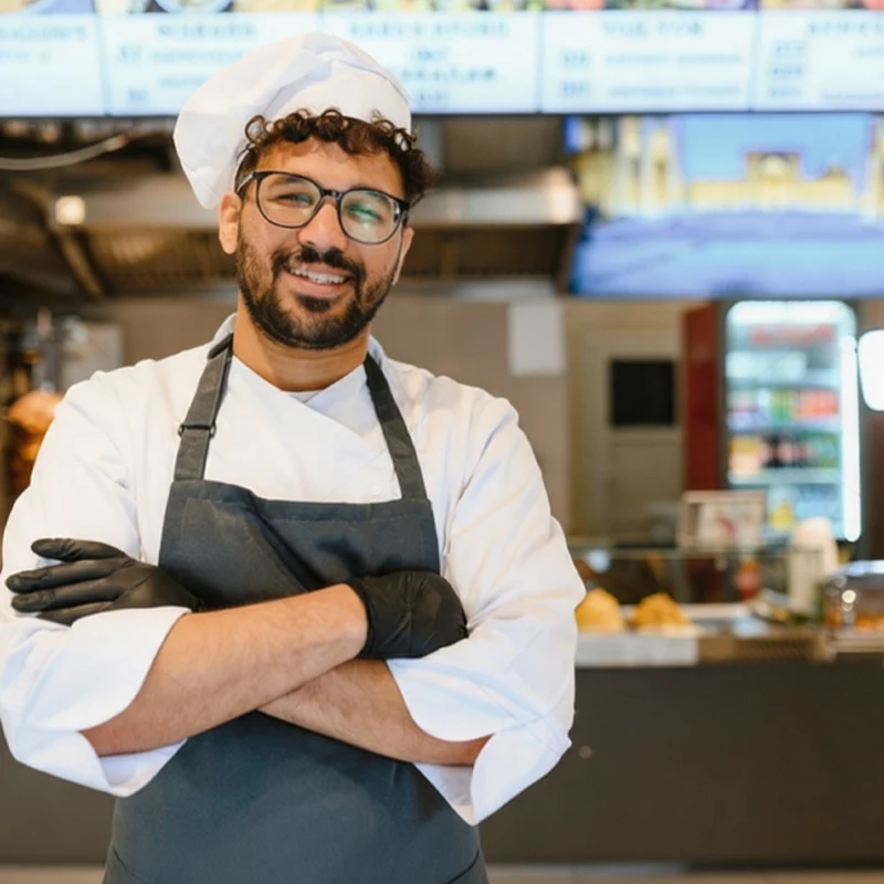 Middle Eastern restaurant owner reviewing a WFOE registration proposal at a table with a chef uniform hanging in the background