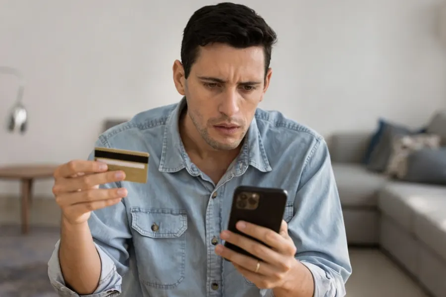 Bank officer reviewing a thin folder of KYC documents with a disapproving expression and a rejected stamp visible on the desk