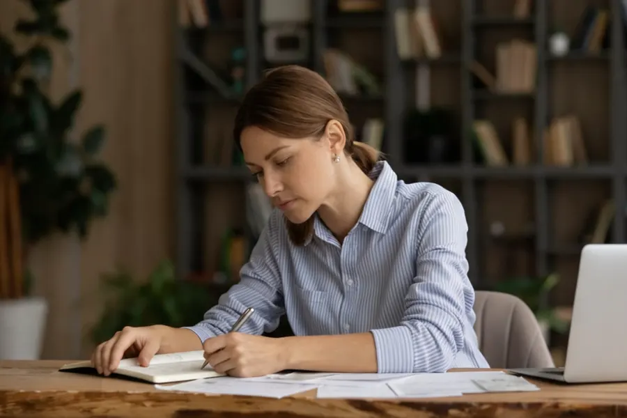 A foreign founder sitting at a desk with a Chinese tax filing calendar on the wall and an accounting ledger open in front of them