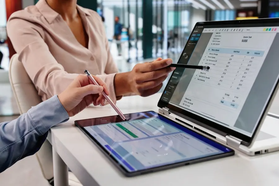 Finance manager reviewing a stack of trade invoices and tax records spread across a desk with a laptop showing a compliance checklist