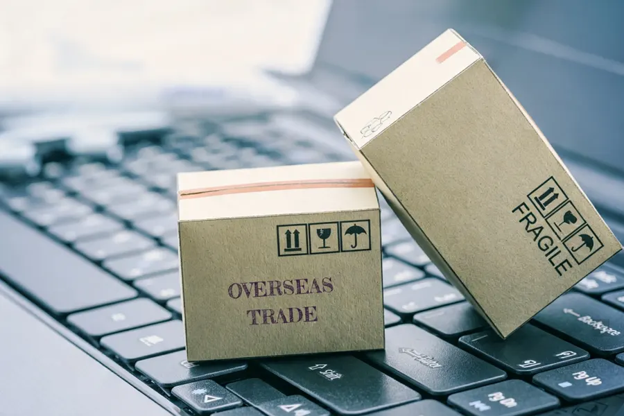 Overseas trader at a laptop reviewing a multi-currency payment statement for cross-border transactions