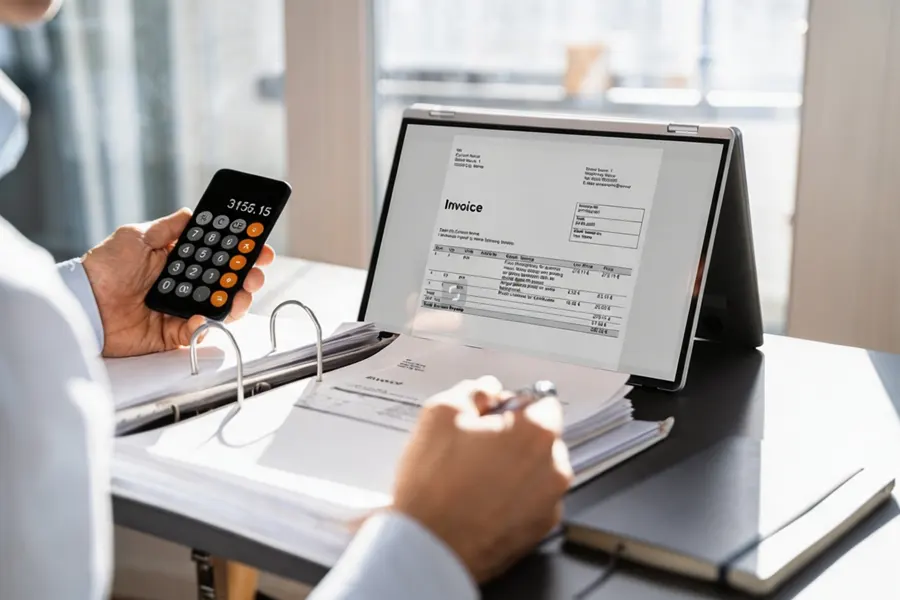 Accountant sorting a stack of VAT fapiao invoices into labeled folders on an office desk