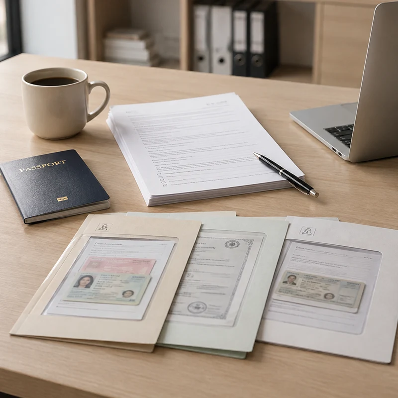 Foreign resident organizing a document folder with passport residence permit and family relationship certificates laid out on a table