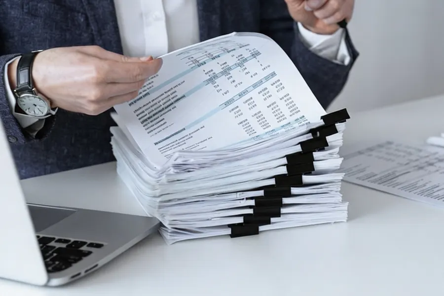 Accountant reviewing a zero filing form on a screen with a red warning flag icon visible next to the submission status