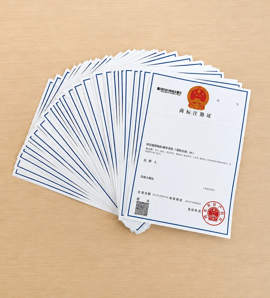 Stack of China trademark registration certificates